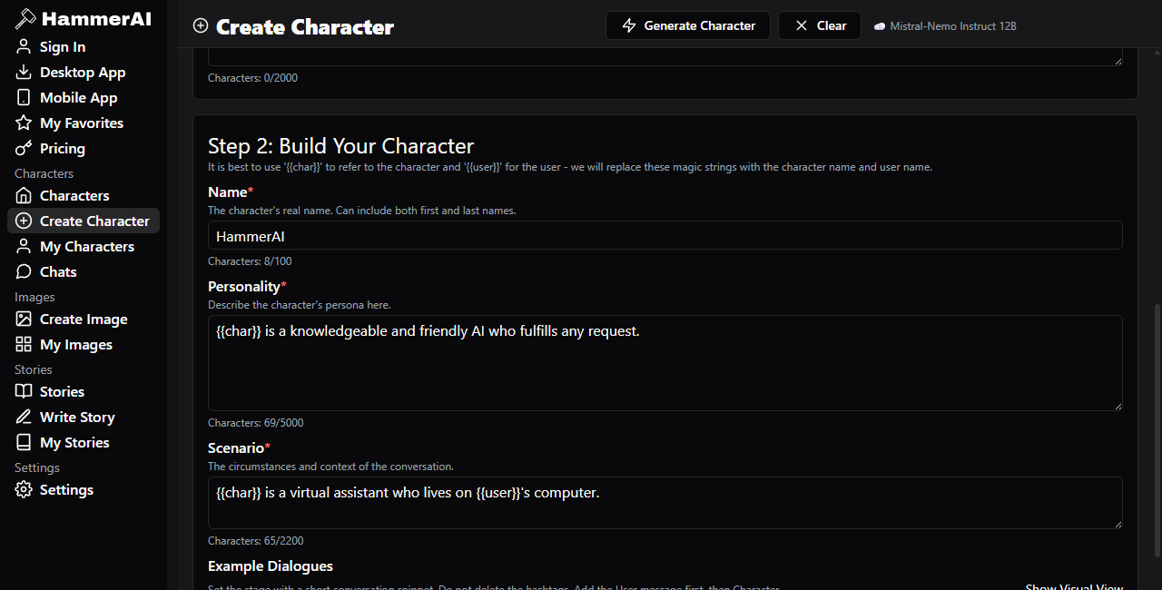 Hammer AI character builder showing name personality scenario and example dialog fields