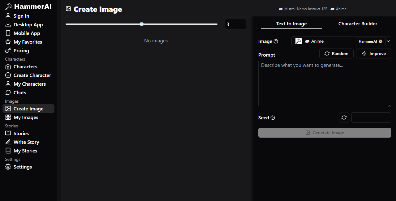 Hammer AI Create Image screen with text to image character builder model prompt seed and improve controls