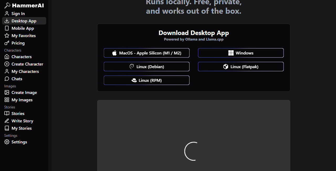 Hammer AI desktop download buttons for Apple Silicon macOS Windows Debian Flatpak and RPM