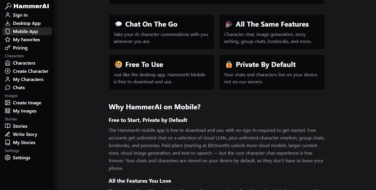 Hammer AI mobile feature cards and explanation of device storage and cloud model access