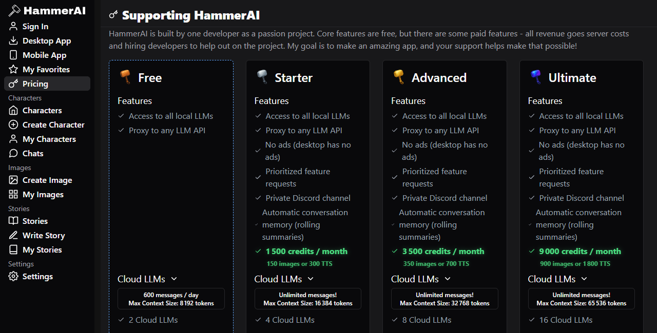 Hammer AI pricing page with Free Starter Advanced and Ultimate plan columns
